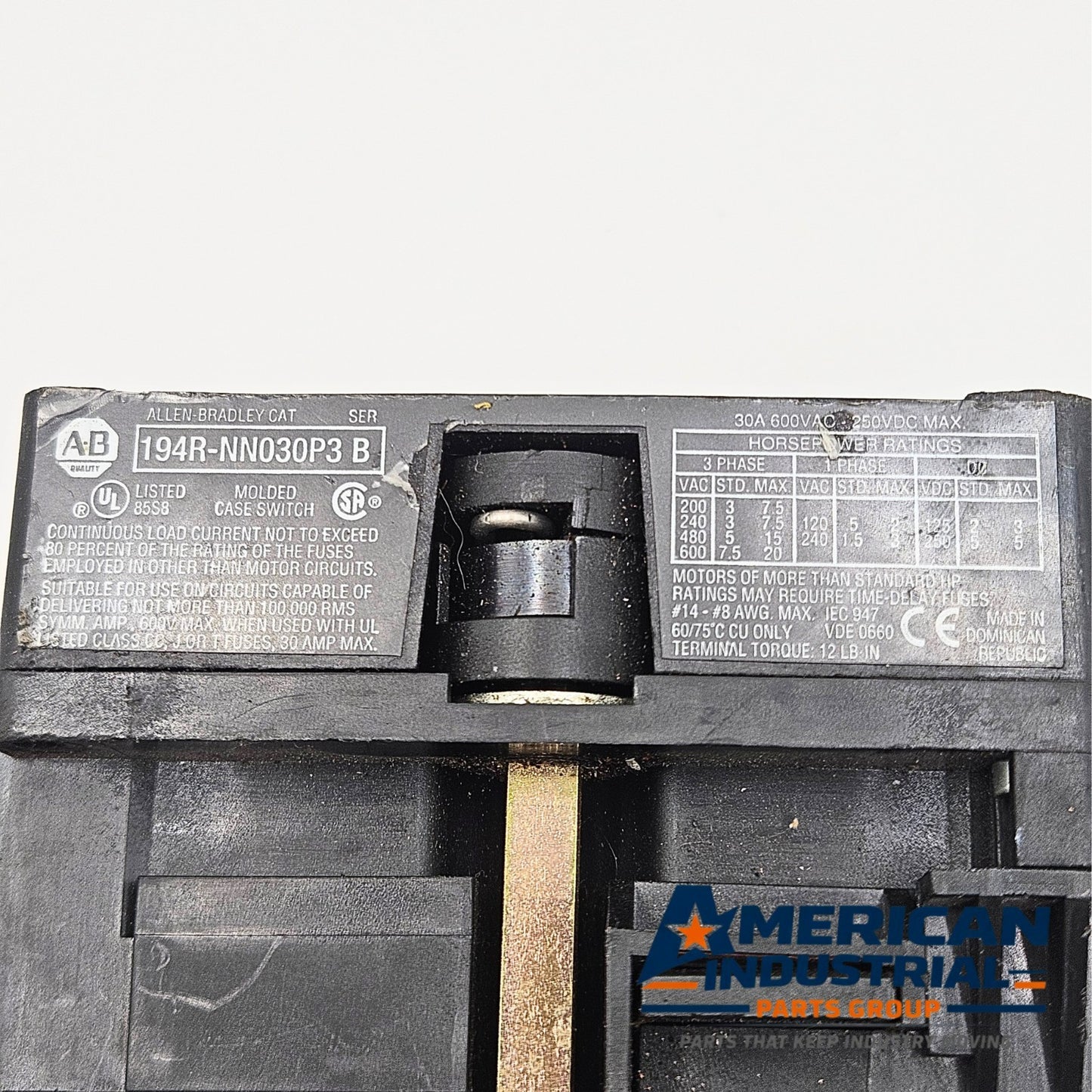 Allen-Bradley 194R-NN030P3 isolator side view for industrial automation and MRO panel applications. American Industrial Parts Group.