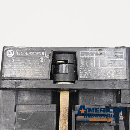 Allen-Bradley 194R-NN030P3 isolator side view for industrial automation and MRO panel applications. American Industrial Parts Group.