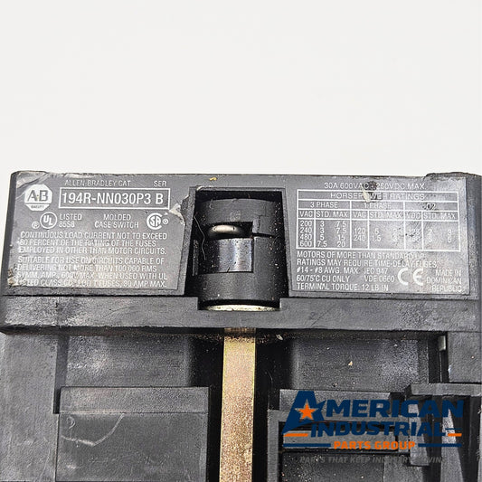 Allen-Bradley 194R-NN030P3 isolator side view for industrial automation and MRO panel applications. American Industrial Parts Group.