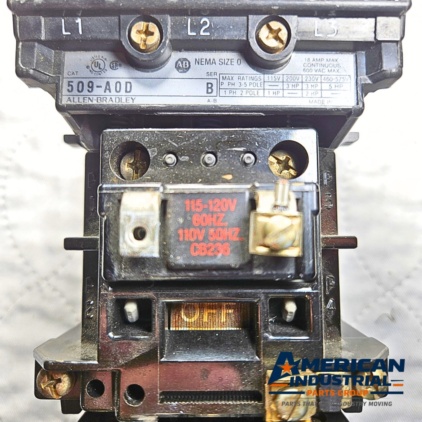 Allen-Bradley 509-A0D 120VAC coil starter used in control panels. American Industrial Parts Group.