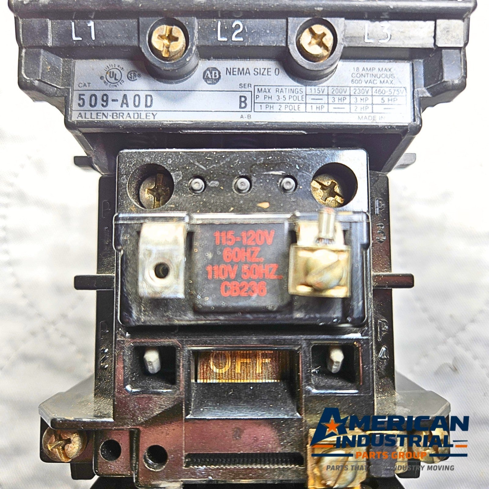 Allen-Bradley 509-A0D 120VAC coil starter used in control panels. American Industrial Parts Group.