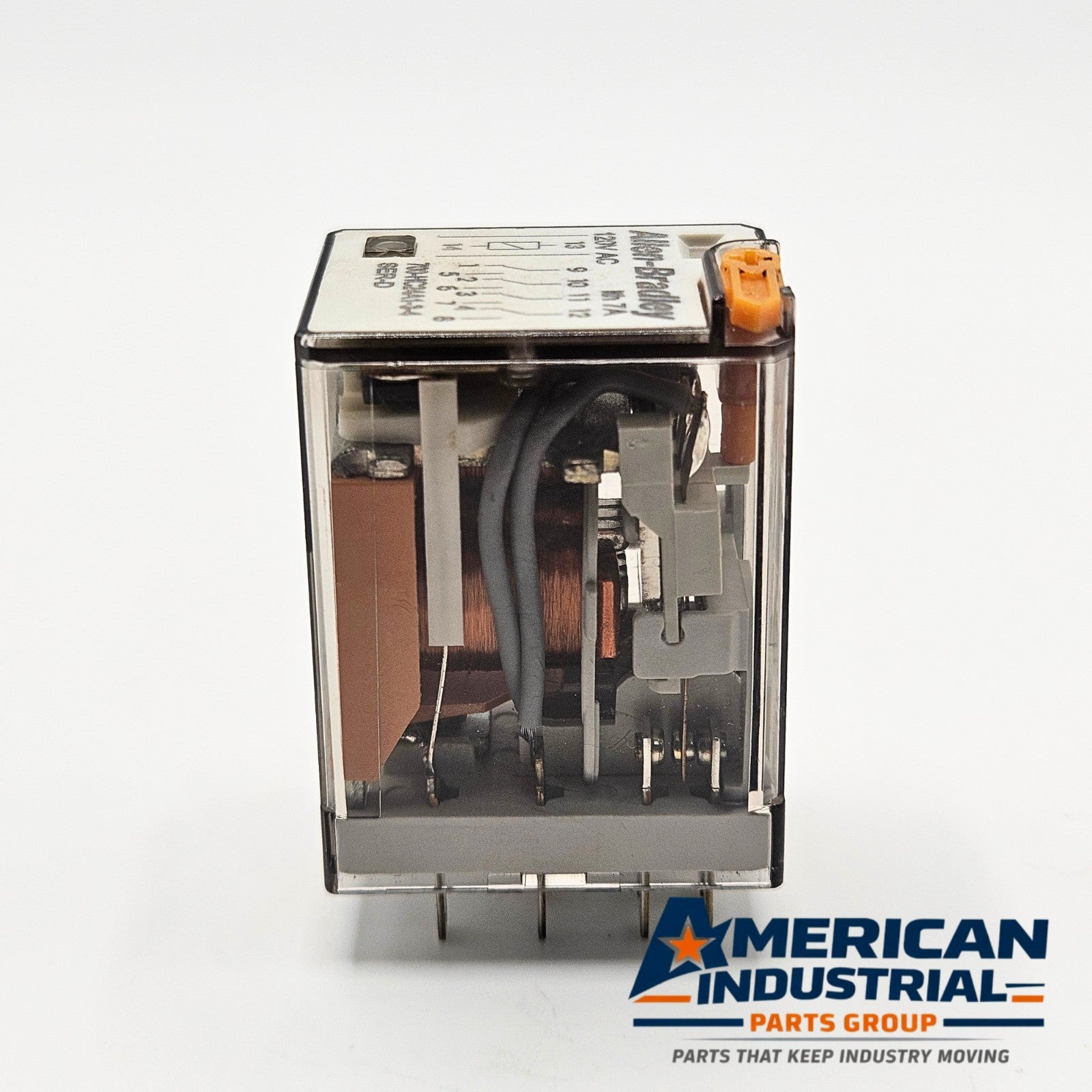 Allen-Bradley 700-HC24A1-3-4 general purpose relay label detail, 120V AC industrial automation MRO relay module. American Industrial Parts Group.