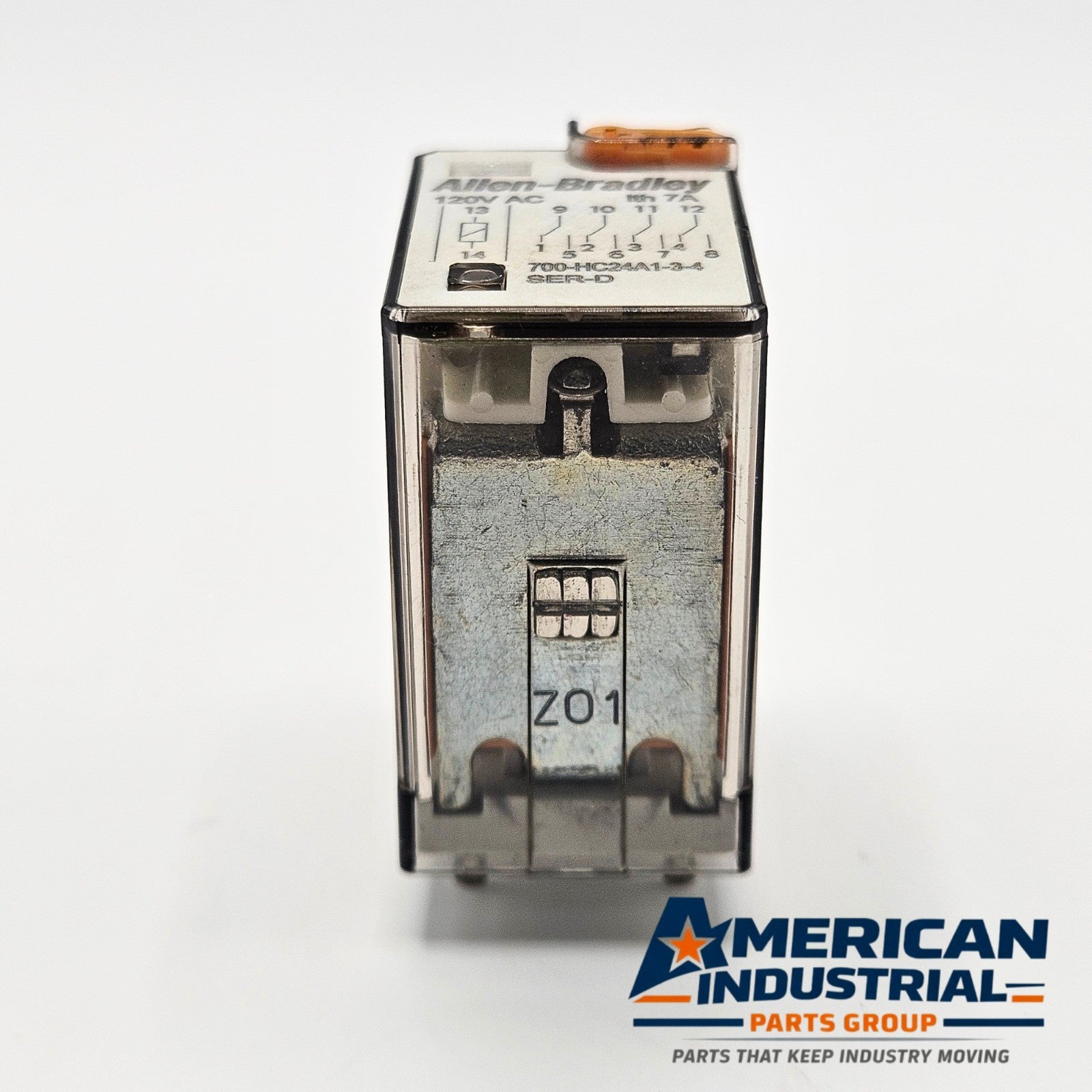 Allen-Bradley 700-HC24A1-3-4 general purpose relay rear view, 120V AC 7A industrial automation MRO relay. American Industrial Parts Group.