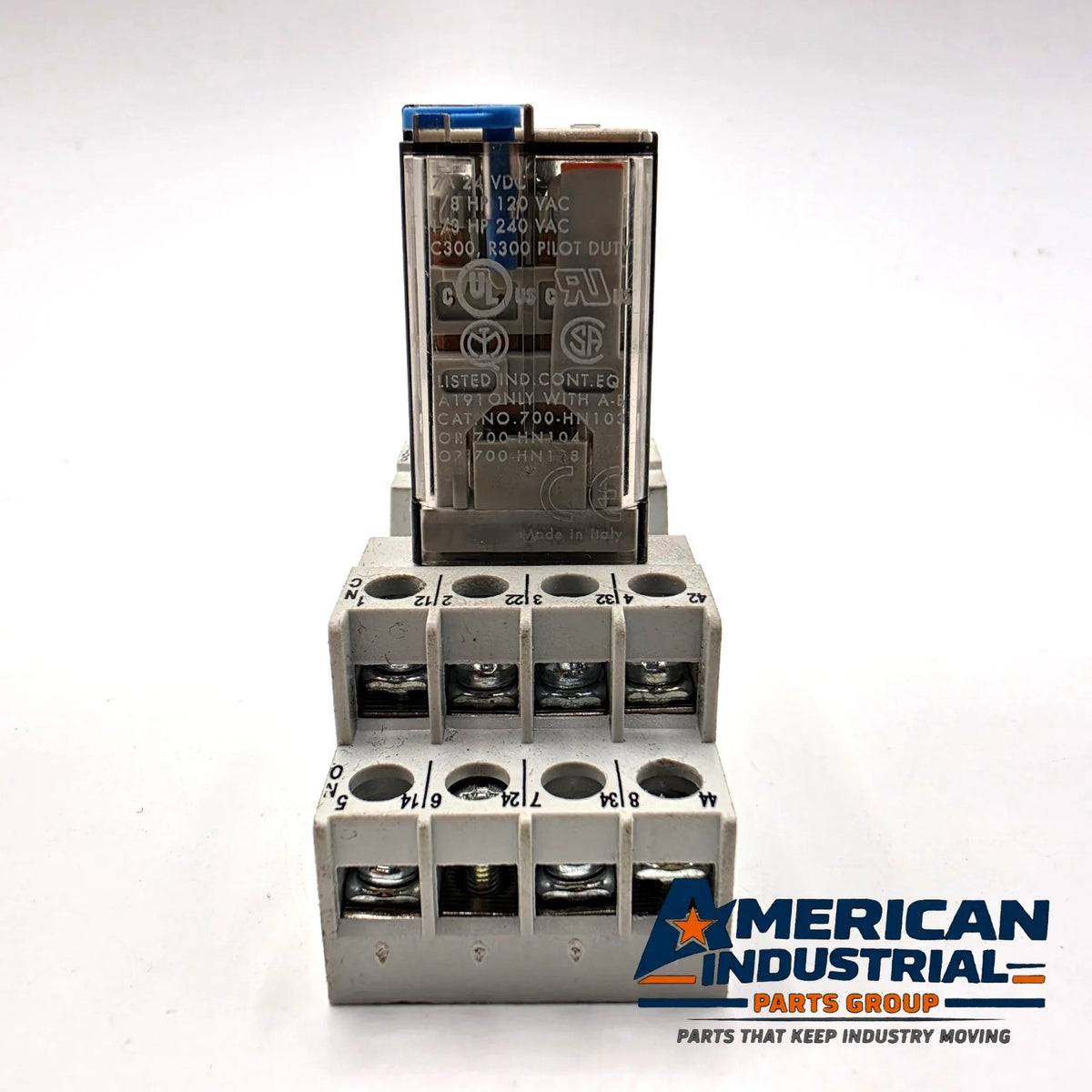 Allen-Bradley 700-HC24Z24-3-4 ice cube relay 24VDC 4PDT with 700-HN103 DIN rail socket for control panels from American Industrial Parts Group