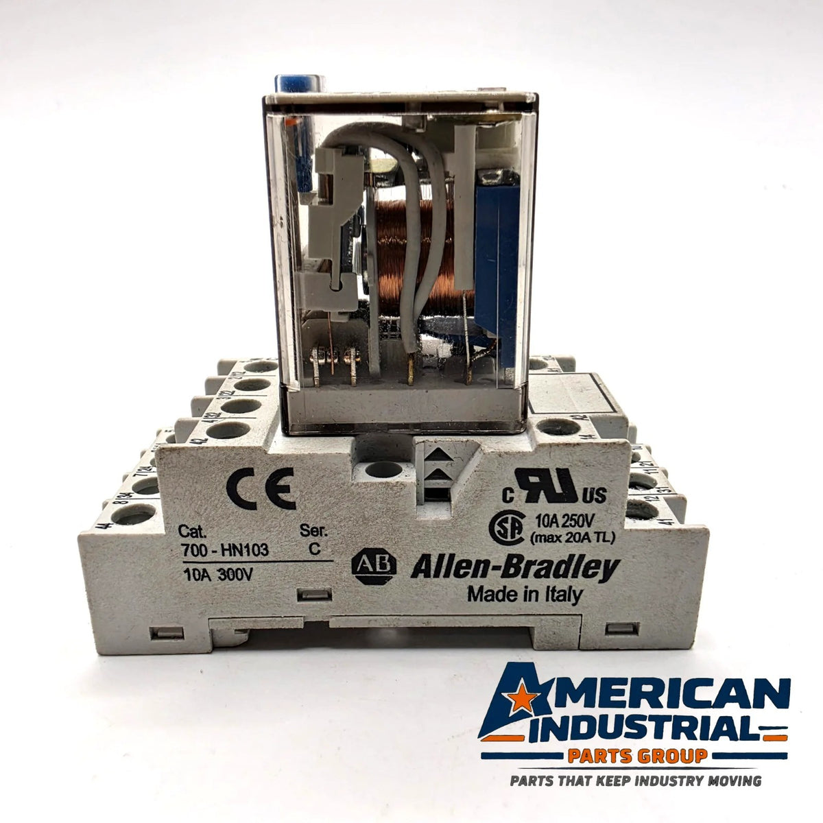 Allen-Bradley 700-HC24Z24-3-4 ice cube relay 24VDC 4PDT with 700-HN103 DIN rail socket for control panels from American Industrial Parts Group