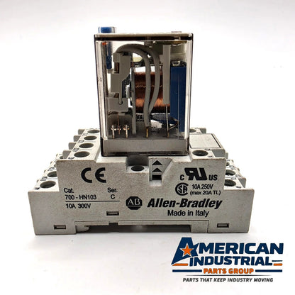 Allen-Bradley 700-HC24Z24-3-4 ice cube relay 24VDC 4PDT with 700-HN103 DIN rail socket for control panels from American Industrial Parts Group