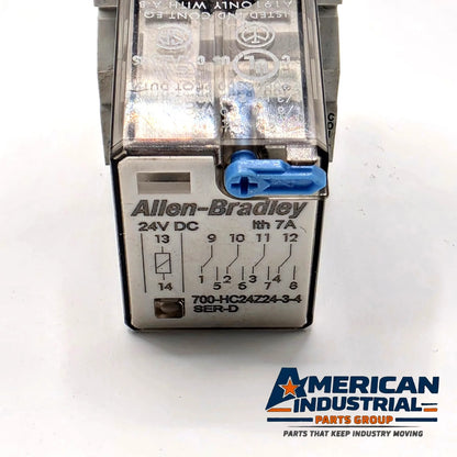 Allen-Bradley 700-HC24Z24-3-4 ice cube relay 24VDC 4PDT with 700-HN103 DIN rail socket for control panels from American Industrial Parts Group