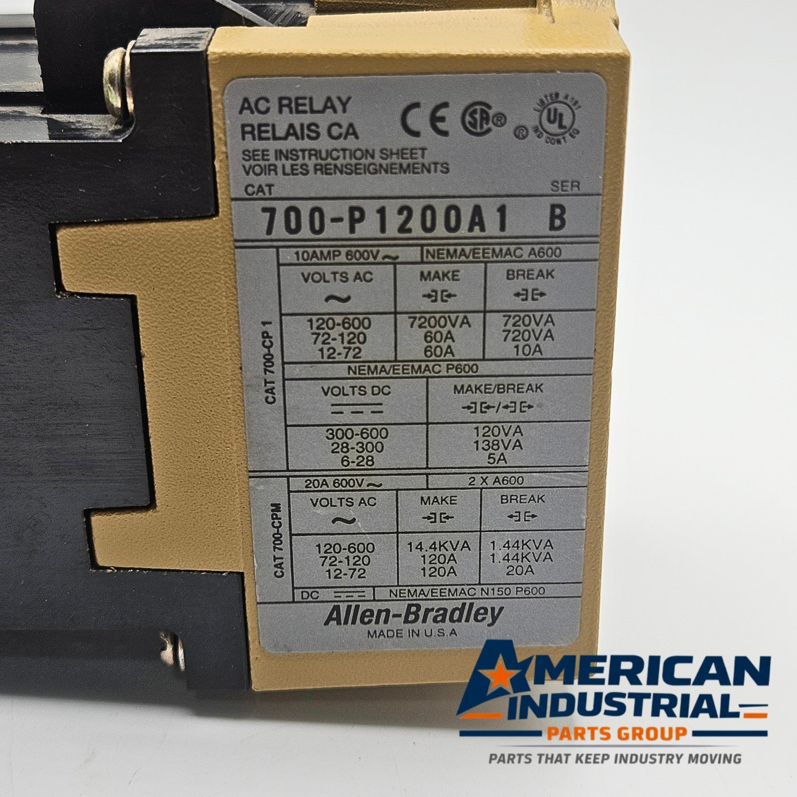 Allen-Bradley 700-P1200A1 Bulletin 700 Type P direct drive AC relay 120VAC for industrial control panels and motor control systems