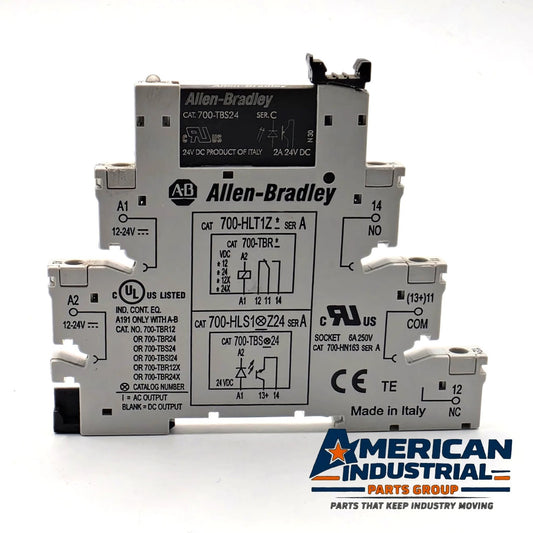 Allen-Bradley 700-TBS24 solid state relay 24VDC 2A with 700-HN163 DIN rail socket for control panels from American Industrial Parts Group