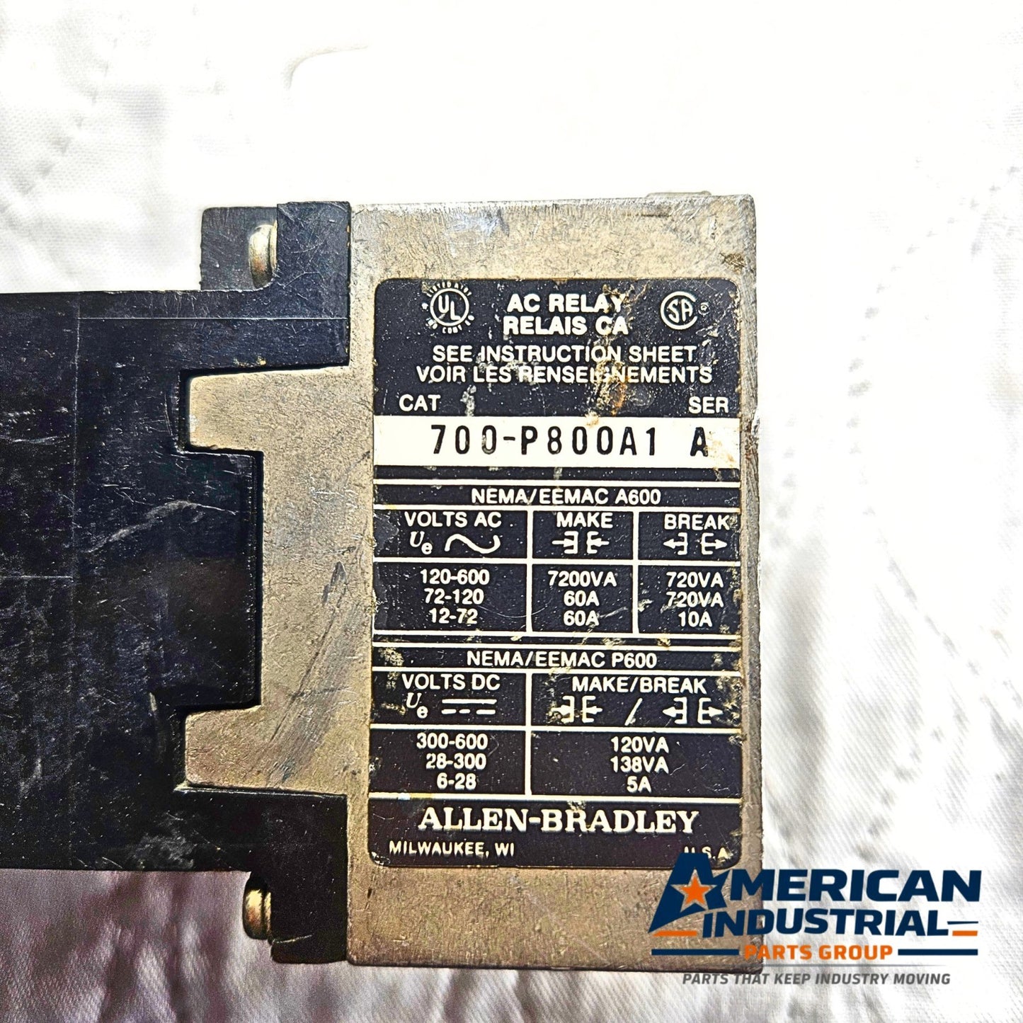 Allen-Bradley 700 Type P Control Relay industrial automation/MRO relay component. American Industrial Parts Group.