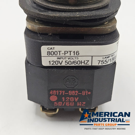Allen-Bradley 800T-PT16 30mm push-to-test pilot light 120V NEMA 4/13 for industrial control panels and machine indication