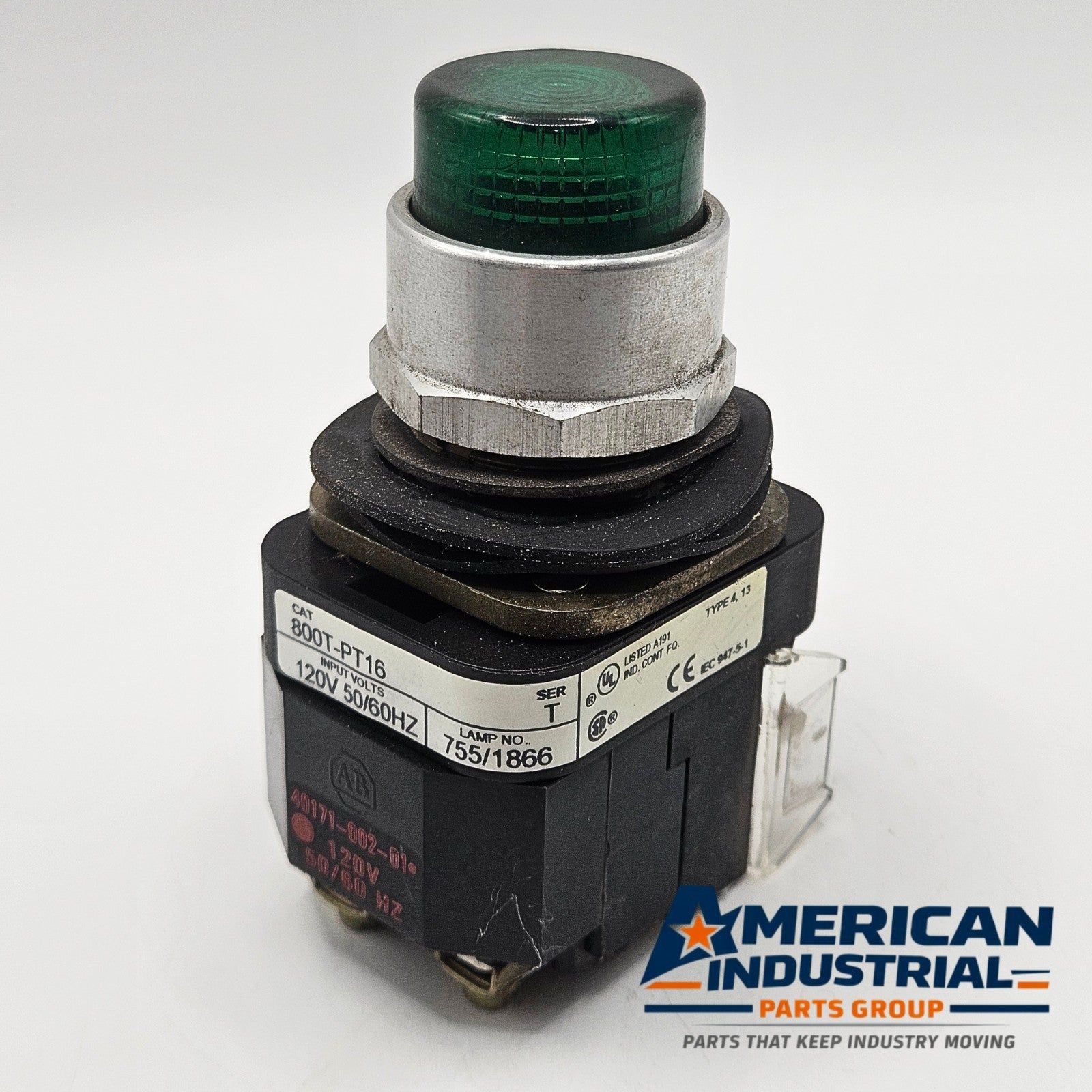 Allen-Bradley 800T-PT16 30mm push-to-test pilot light 120V NEMA 4/13 for industrial control panels and machine indication