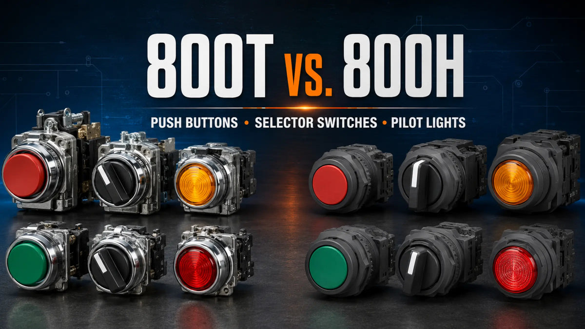 Allen-Bradley 800T versus 800H pilot device selection guide graphic — American Industrial Parts Group
