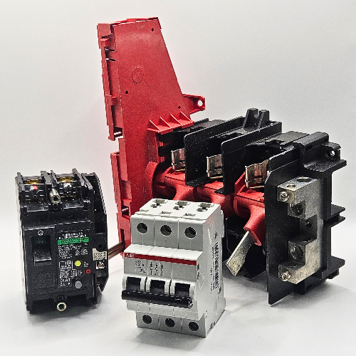 Assorted industrial breakers and a large disconnect switch offered by American Industrial Parts Group