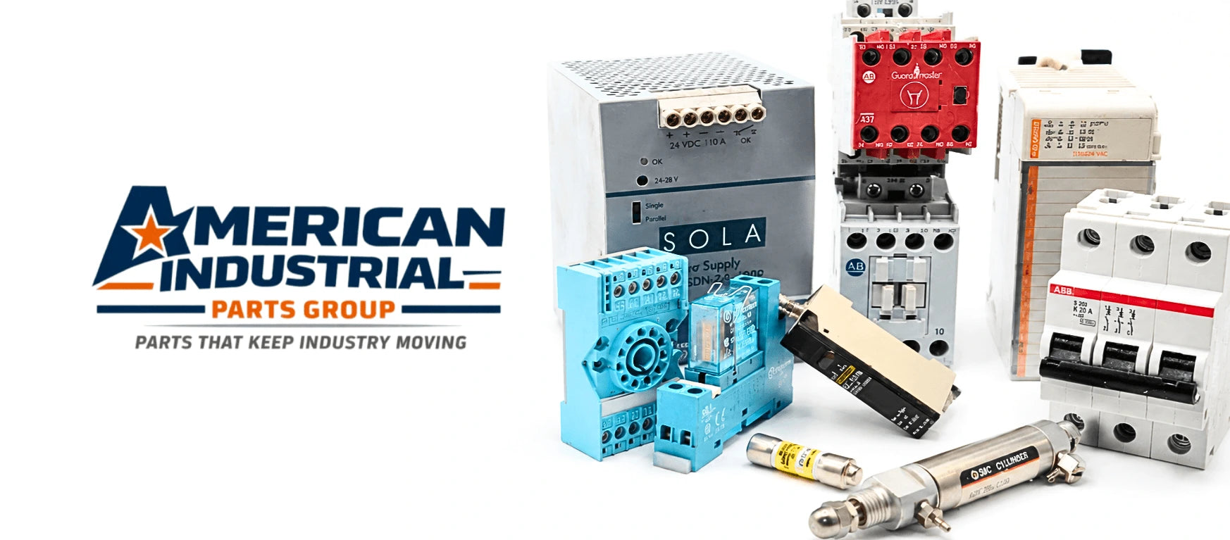 American Industrial Parts Group logo with industrial automation and MRO replacement parts including power supplies, relays, circuit breakers, fuses, and pneumatic components.