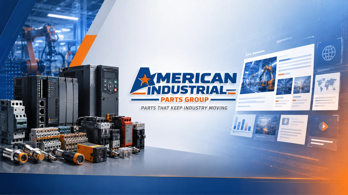 American Industrial Parts Group news and blog banner featuring industrial automation components, digital industry content, and the AIPG logo.