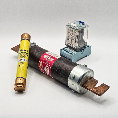 Industrial relay module with large and small fuses displayed, sold by American Industrial Parts Group