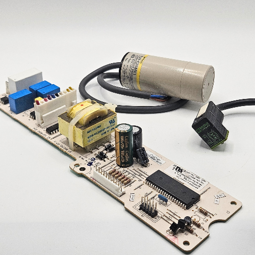 Close-up of a control board with attached industrial sensor and cable, offered by American Industrial Parts Group.