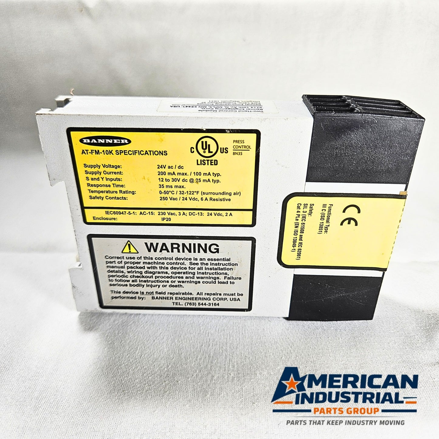 Banner AT-FM-10K machine safety relay for industrial automation and MRO applications. American Industrial Parts Group.
