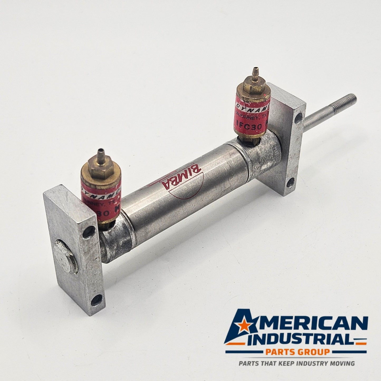 Bimba pneumatic air cylinder with flow controls for industrial automation and MRO applications. American Industrial Parts Group.