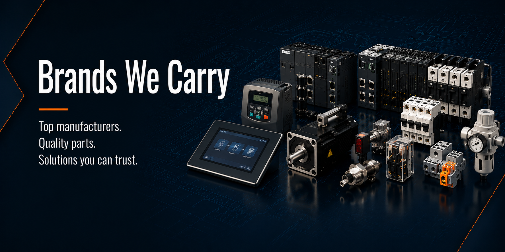 Brands We Carry banner with industrial automation and MRO components, including control modules, drives, relays, pneumatic parts, sensors, and electrical hardware from American Industrial Parts Group.