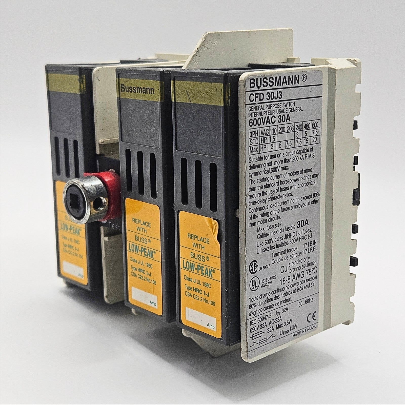 Bussmann CFD30J3 30A disconnect switch 600VAC 3-phase Class J fuse for industrial electrical panels and MRO applications