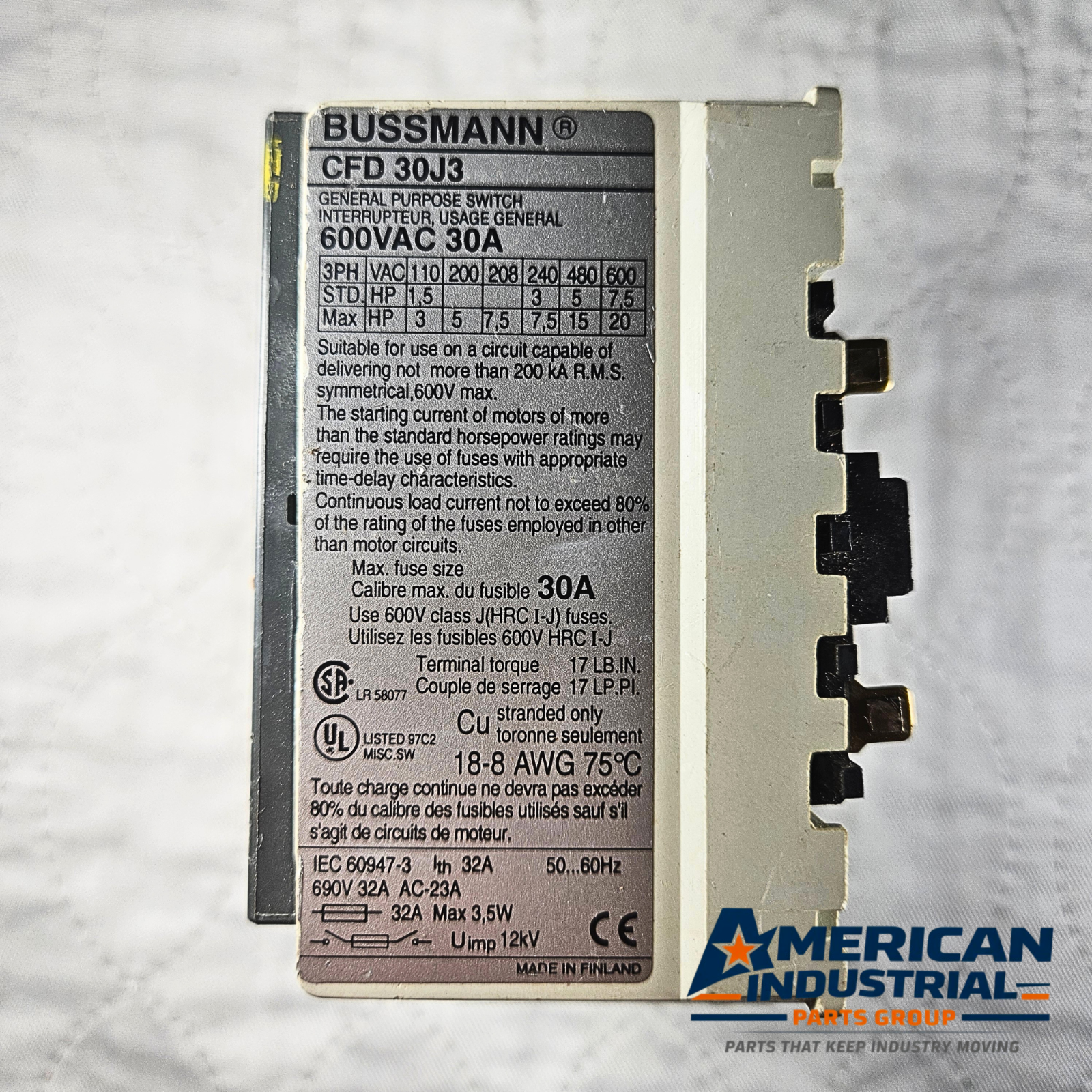 Bussmann CFD30J3 30A disconnect switch 600VAC 3-phase Class J fuse for industrial electrical panels and MRO applications