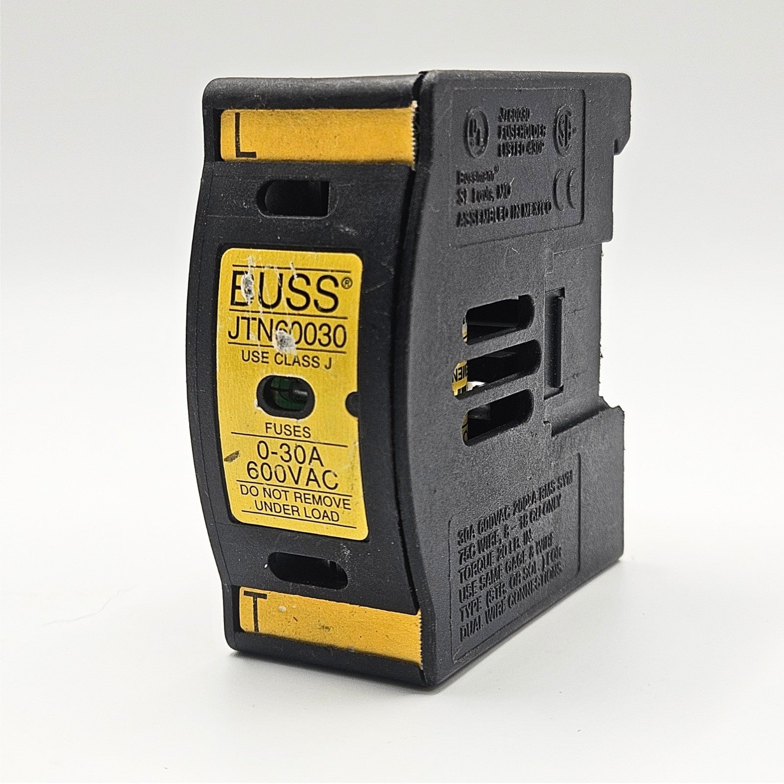 Bussmann JTN60030 Class J fuse holder 30A 600VAC DIN rail for industrial electrical panels and MRO applications