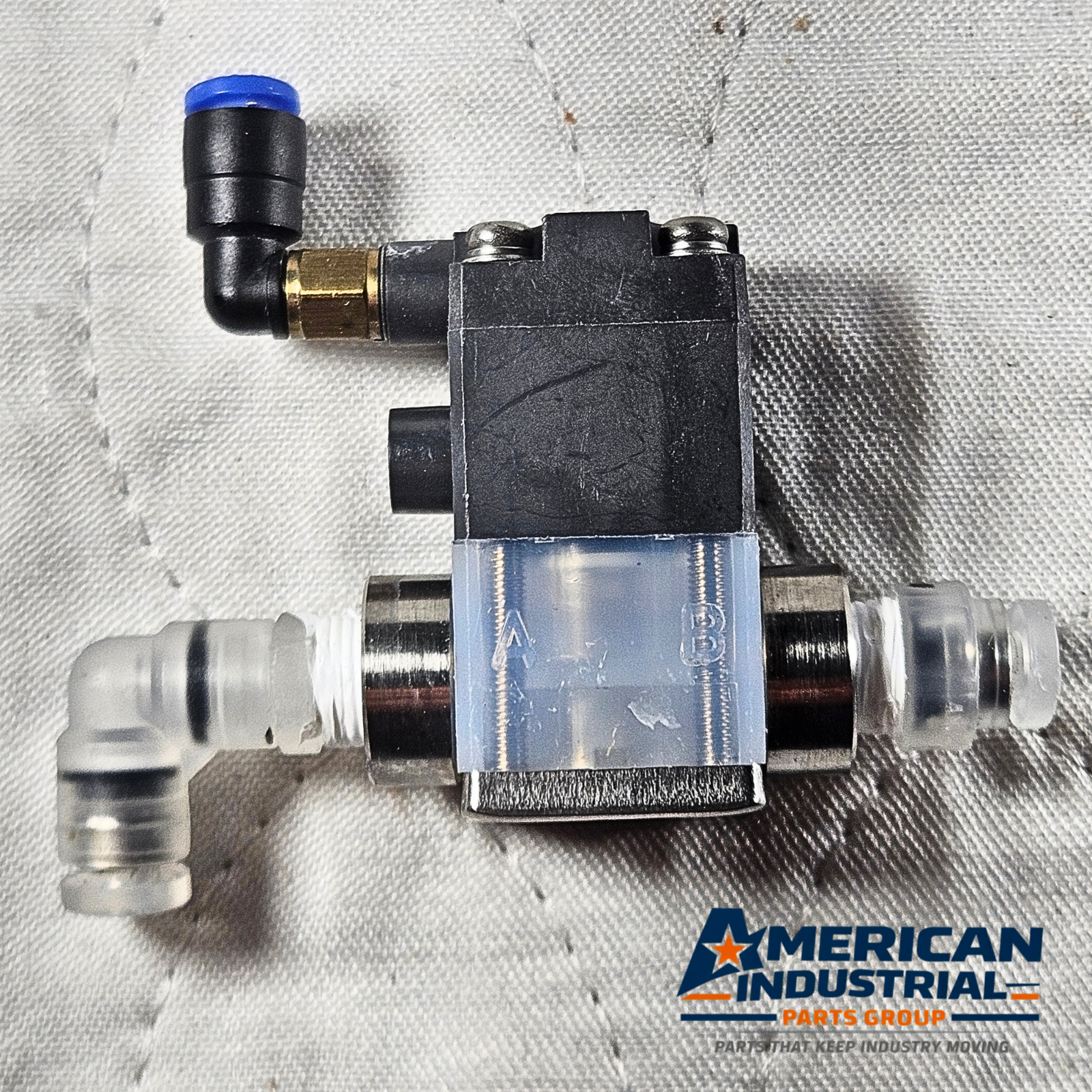 CKD AMD22 4V2 pneumatic solenoid air valve mounting view, industrial automation MRO pneumatic control valve. American Industrial Parts Group.