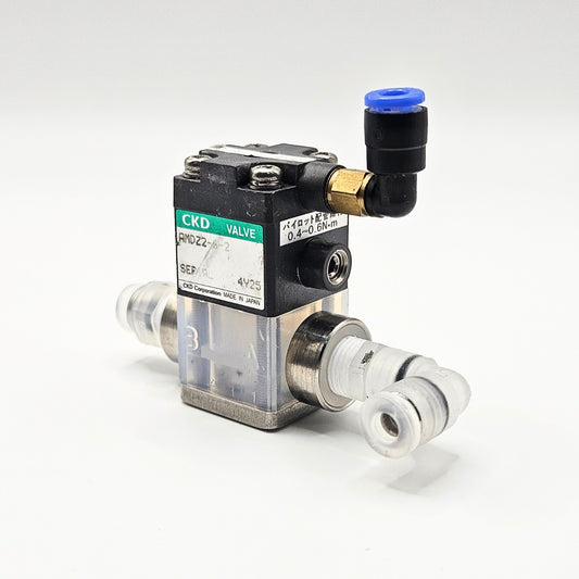 CKD AMD22 4V2 pneumatic solenoid air valve overview, 0.4-0.6MPa industrial automation MRO pneumatic control component. American Industrial Parts Group.