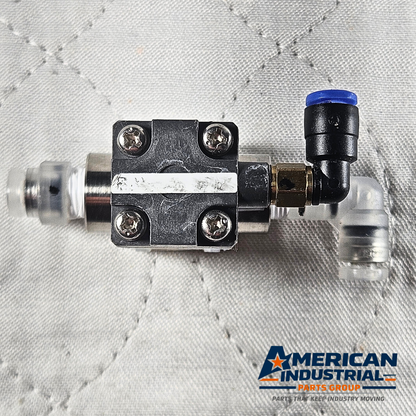 CKD AMD22 4V2 pneumatic solenoid air valve port detail, industrial automation MRO compressed air control valve. American Industrial Parts Group.