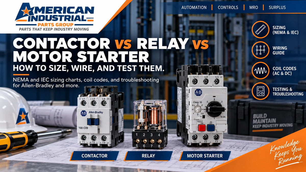 Contactor, relay, and motor starter comparison guide showing Allen-Bradley, Siemens, ABB, Schneider Electric, Eaton, and Omron control components — American Industrial Parts Group