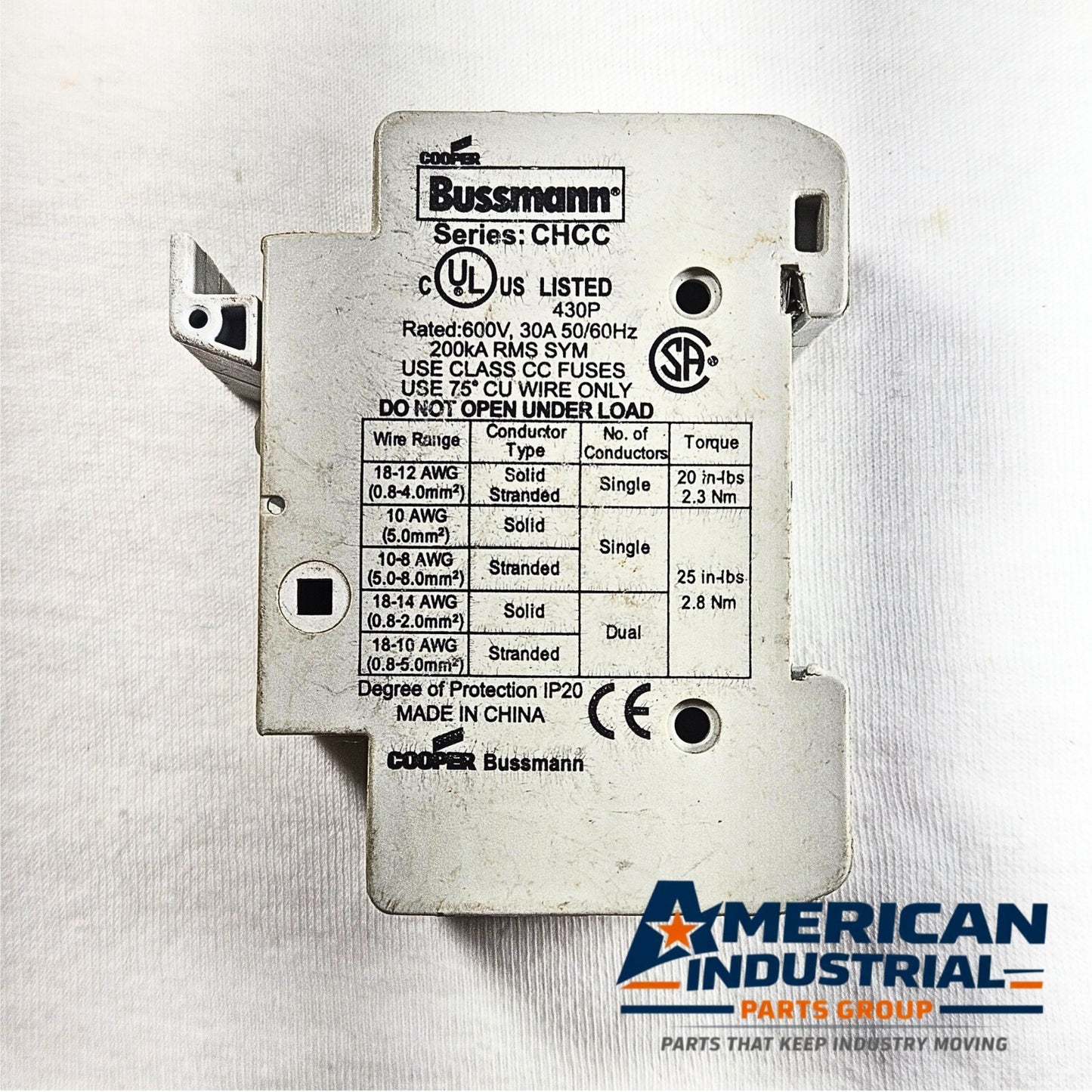 Cooper Bussmann CHCC Class CC fuse holder 30A 600V DIN mount for industrial electrical panels and MRO applications