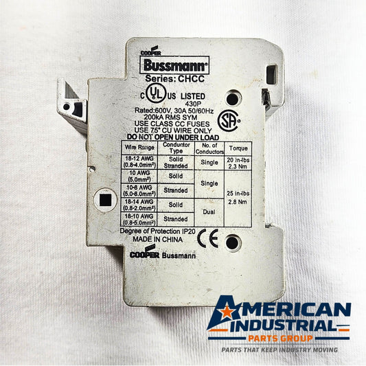 Cooper Bussmann CHCC Class CC fuse holder 30A 600V DIN mount for industrial electrical panels and MRO applications