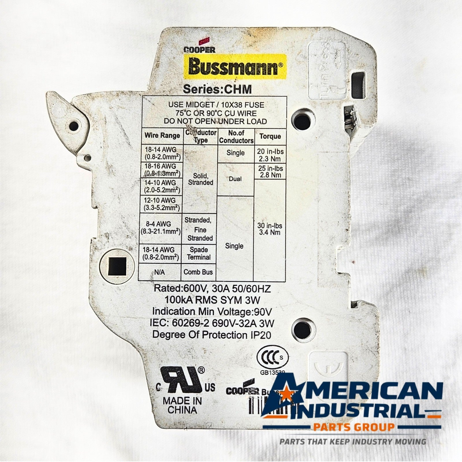 Cooper Bussmann CHM 10x38 32A 690V midget fuse holder for industrial electrical panels and MRO applications
