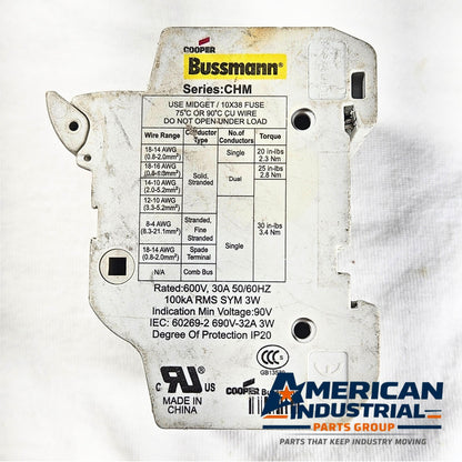 Cooper Bussmann CHM 10x38 32A 690V midget fuse holder for industrial electrical panels and MRO applications