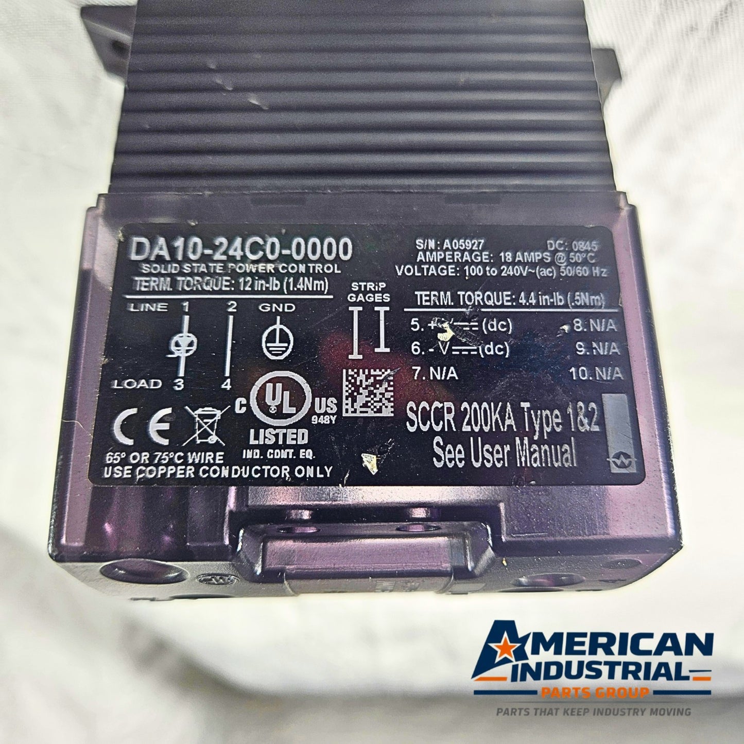 Crydom DA10-24C0-0000 solid state relay for industrial automation MRO power control use. American Industrial Parts Group.