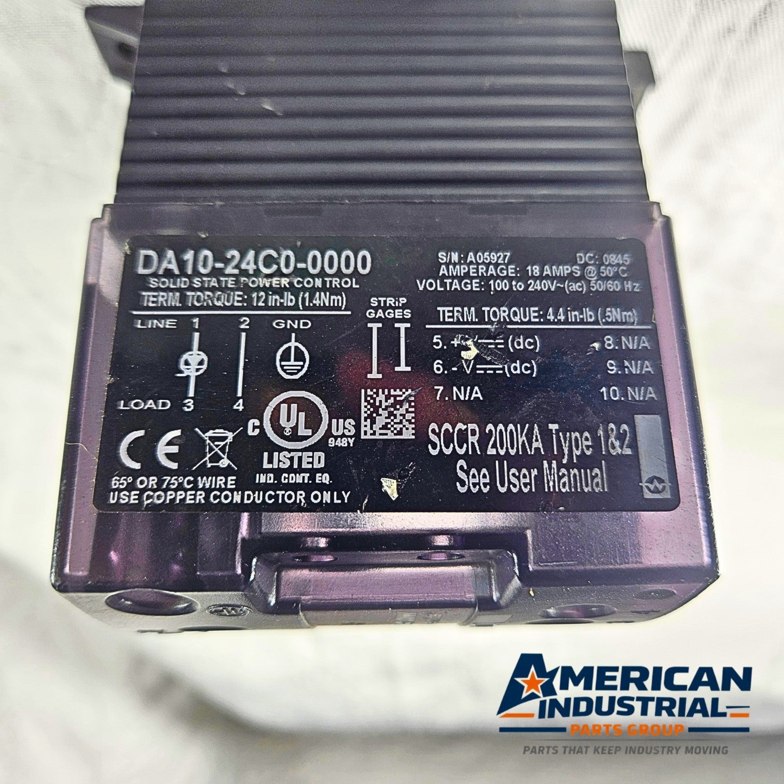 Crydom DA10-24C0-0000 solid state relay for industrial automation MRO power control use. American Industrial Parts Group.