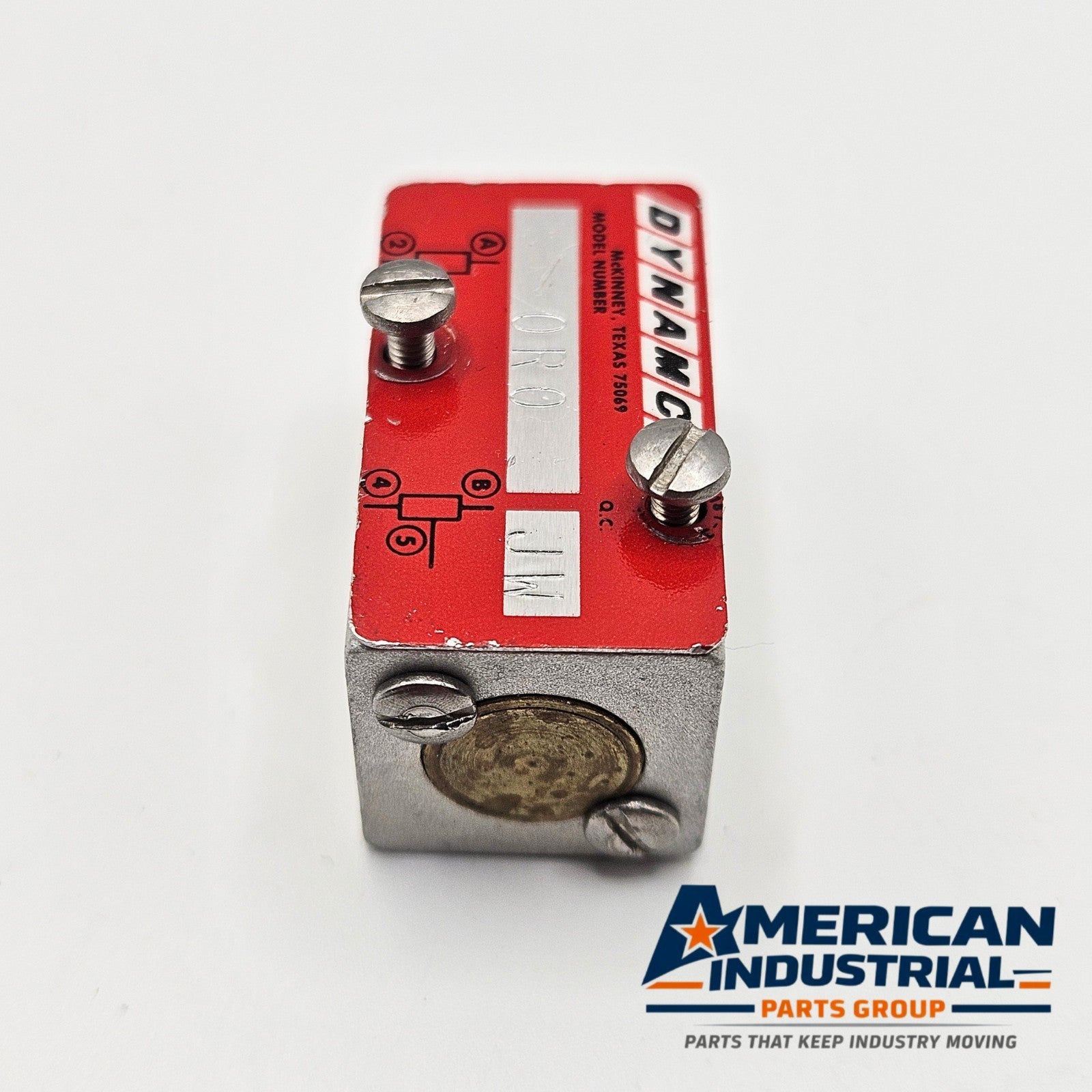 Dynamco 0R0 JW pneumatic valve used in machine control equipment. American Industrial Parts Group.