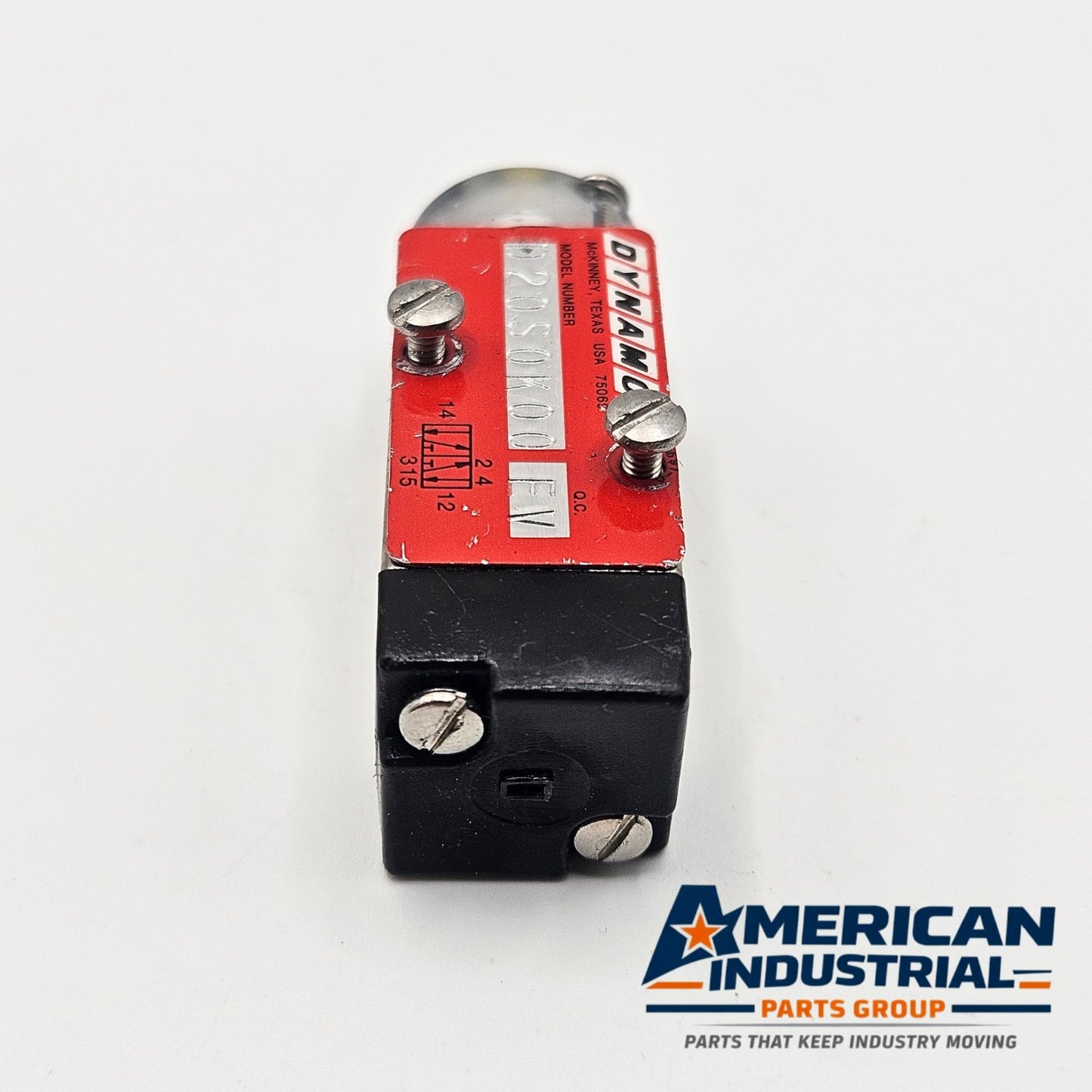 Dynamco D20S0K00 EV solenoid valve used in machine control equipment. American Industrial Parts Group.