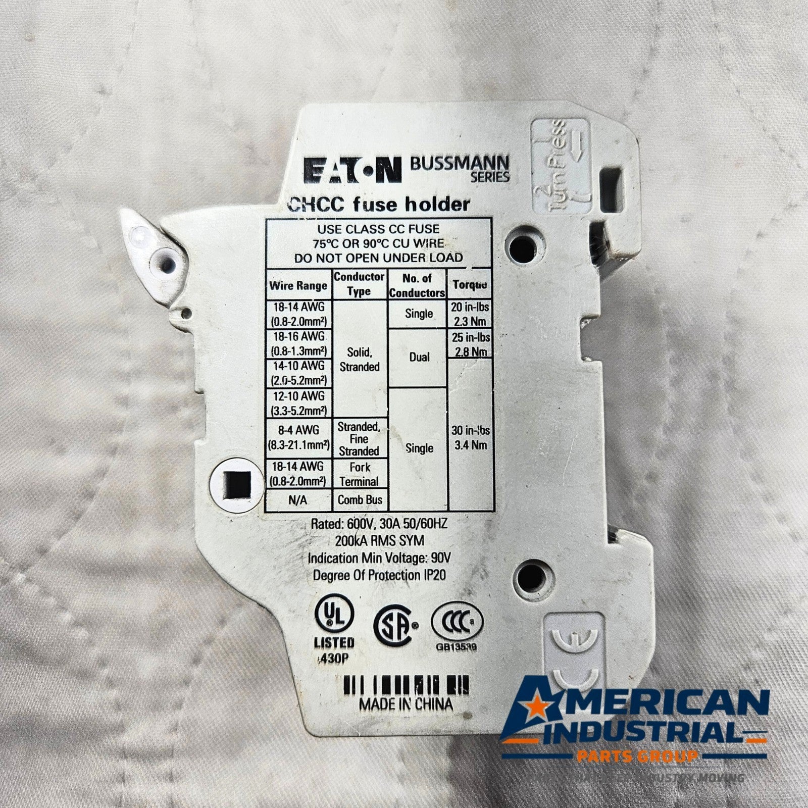Eaton Bussmann CHCC 3-pole fuse holder 30A 600V Class CC DIN rail for industrial electrical panels and MRO applications