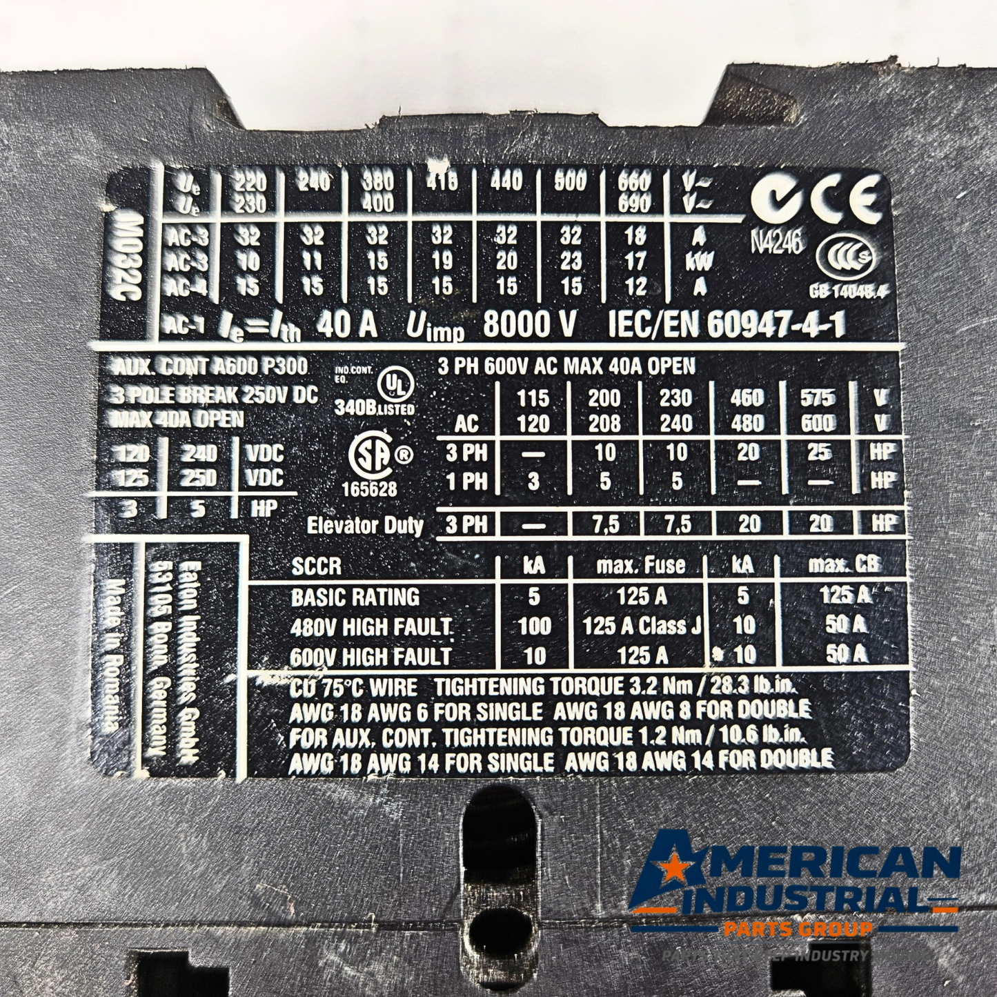 Eaton DILM32-10 XTCE032C10 contactor 32A 24V coil 3-pole for motor control and industrial automation systems