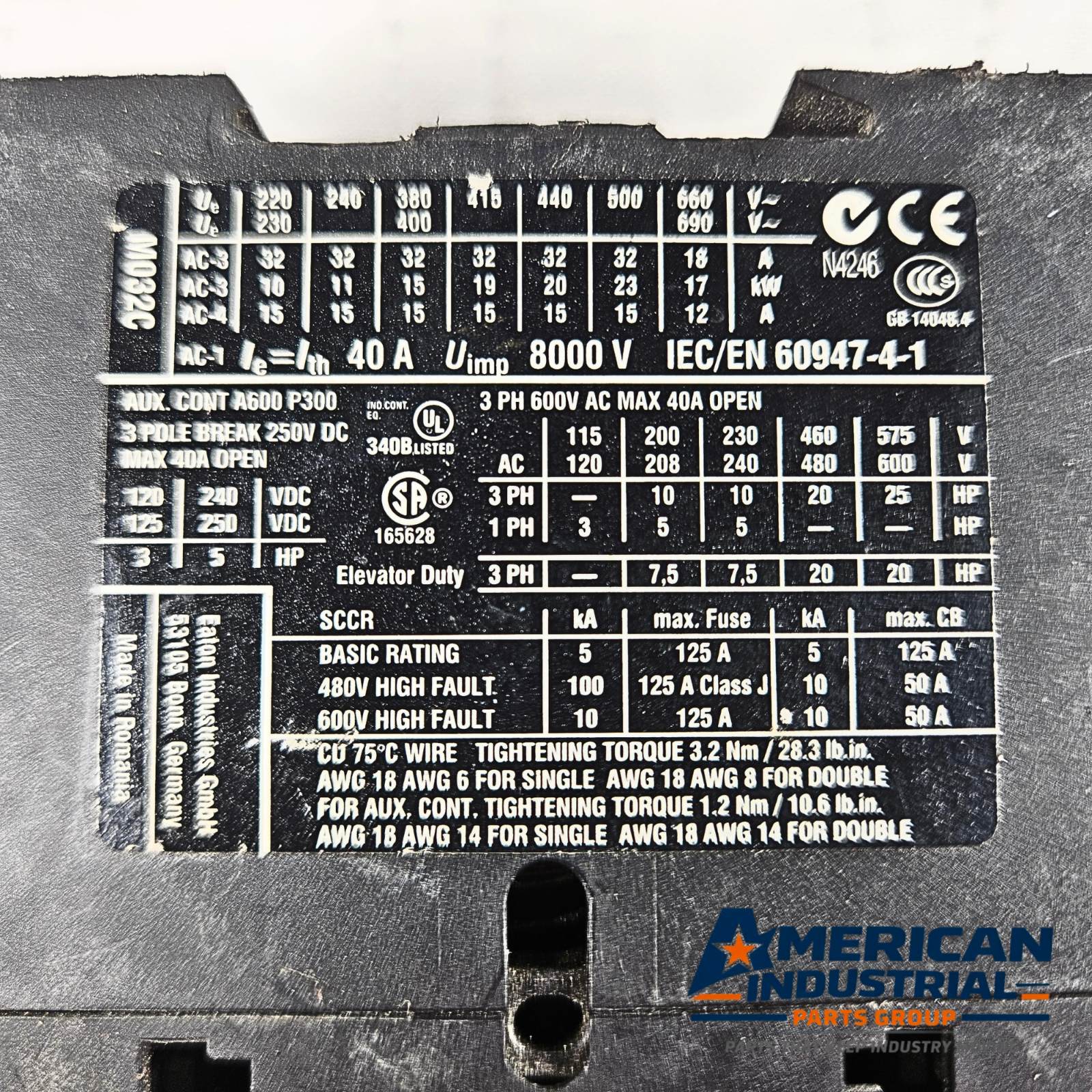 Eaton DILM32-10 XTCE032C10 contactor 32A 24V coil 3-pole for motor control and industrial automation systems