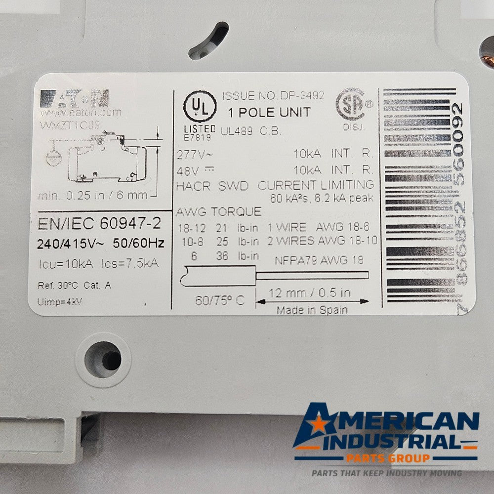Eaton WMZT1C03 1-pole 3A C-curve UL 489 miniature circuit breaker 277VAC DIN rail for industrial control panels