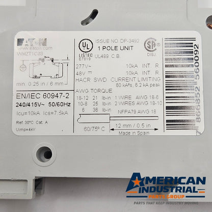 Eaton WMZT1C03 1-pole 3A C-curve UL 489 miniature circuit breaker 277VAC DIN rail for industrial control panels