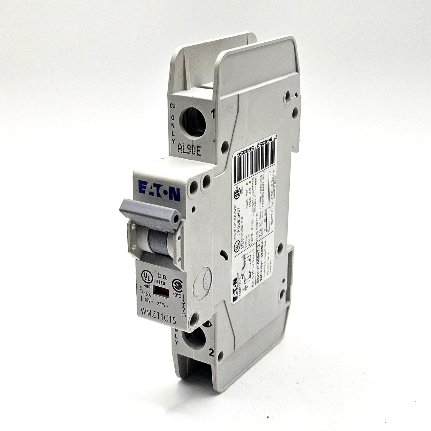 Eaton WMZT1C15 1-pole 15A C-curve UL 489 miniature circuit breaker 277VAC DIN rail for industrial control panels