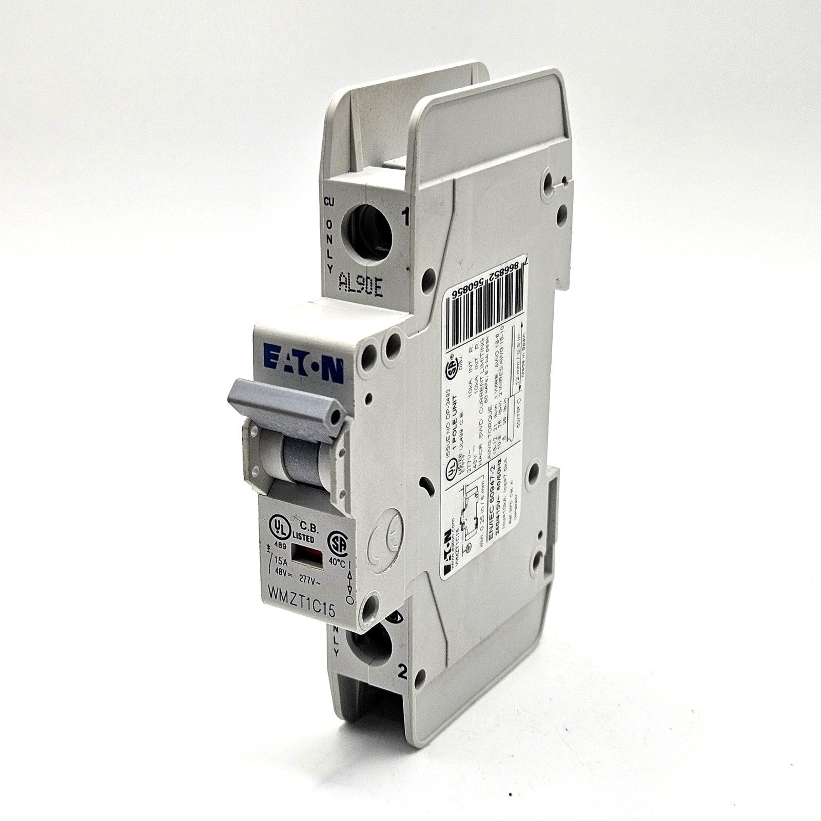 Eaton WMZT1C15 1-pole 15A C-curve UL 489 miniature circuit breaker 277VAC DIN rail for industrial control panels