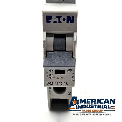 Eaton WMZT1C15 1-pole 15A C-curve UL 489 miniature circuit breaker 277VAC DIN rail for industrial control panels