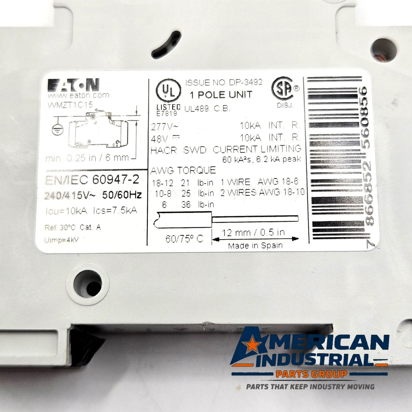 Eaton WMZT1C15 1-pole 15A C-curve UL 489 miniature circuit breaker 277VAC DIN rail for industrial control panels