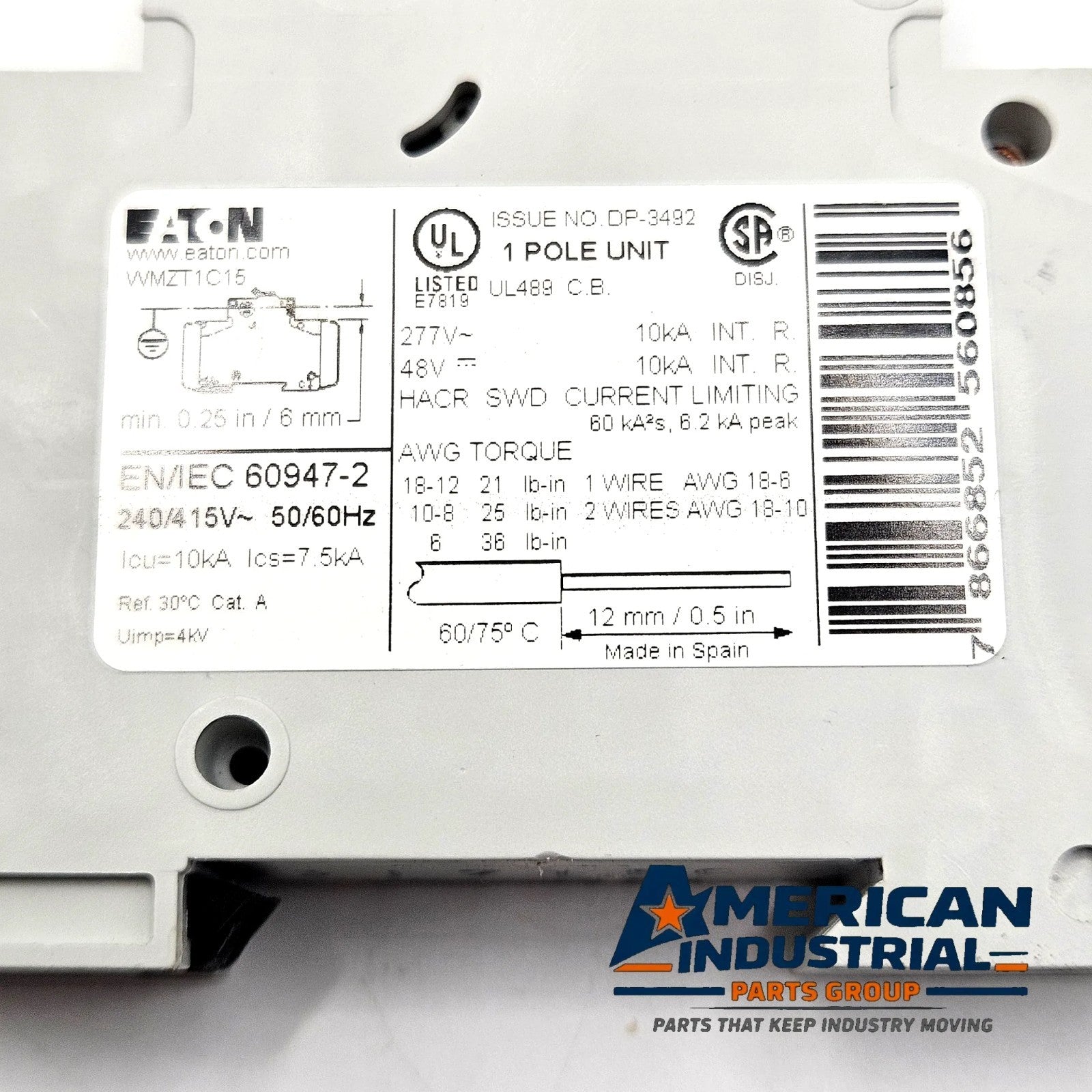 Eaton WMZT1C15 1-pole 15A C-curve UL 489 miniature circuit breaker 277VAC DIN rail for industrial control panels